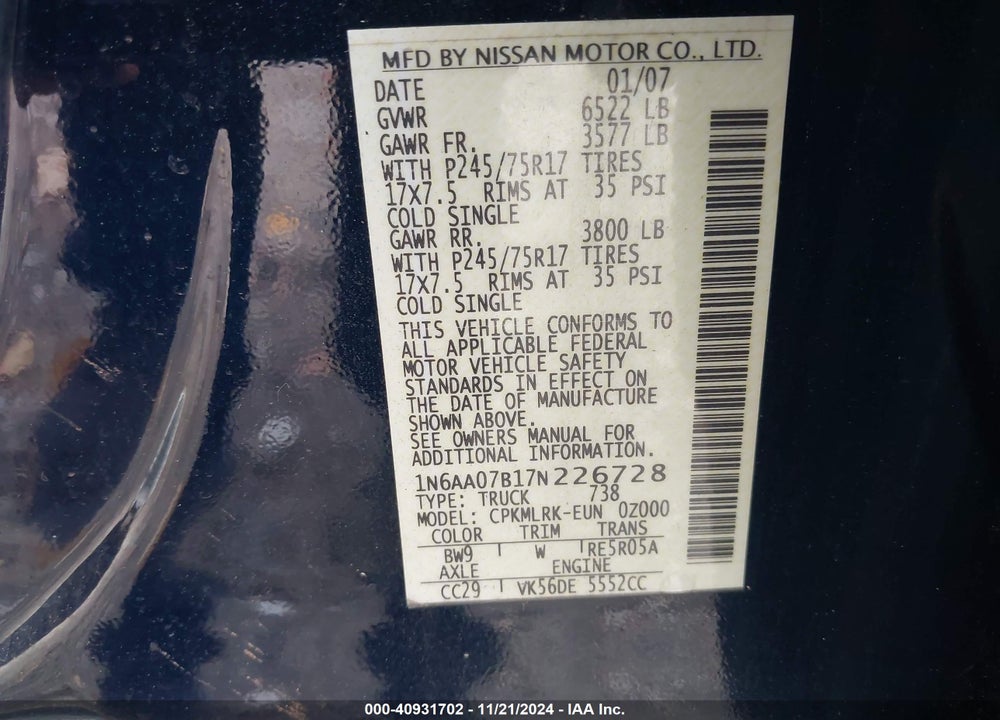 2007 NISSAN TITAN XE VIN: 1N6AA07B17N226728