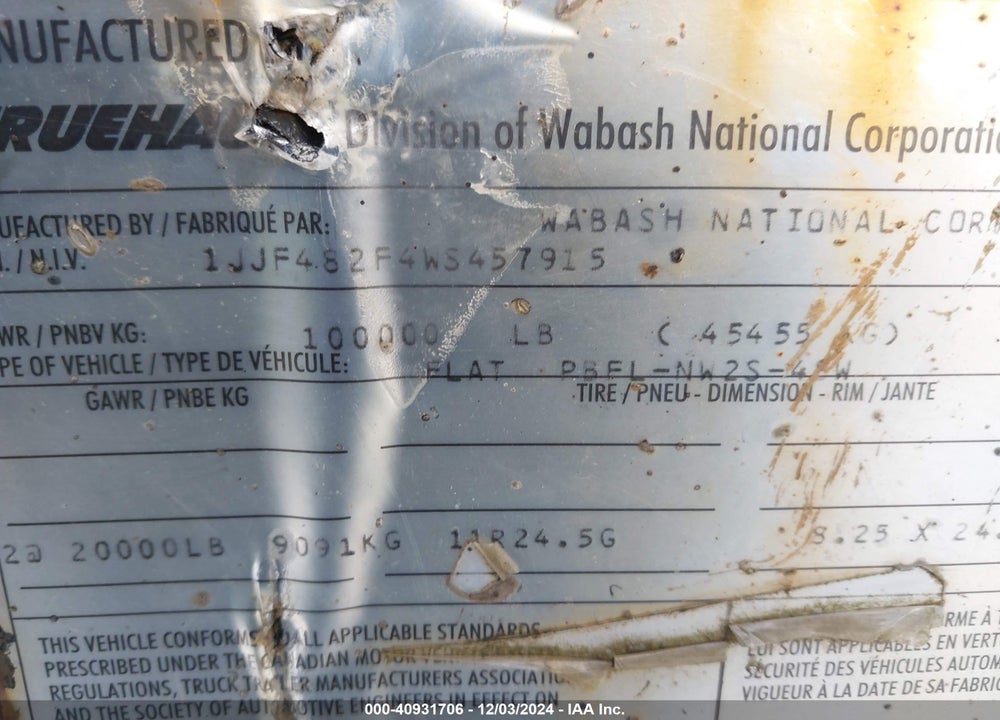 1998 WABASH NATIONAL CORP TRAILER VIN: 1JJF482F4WS457915