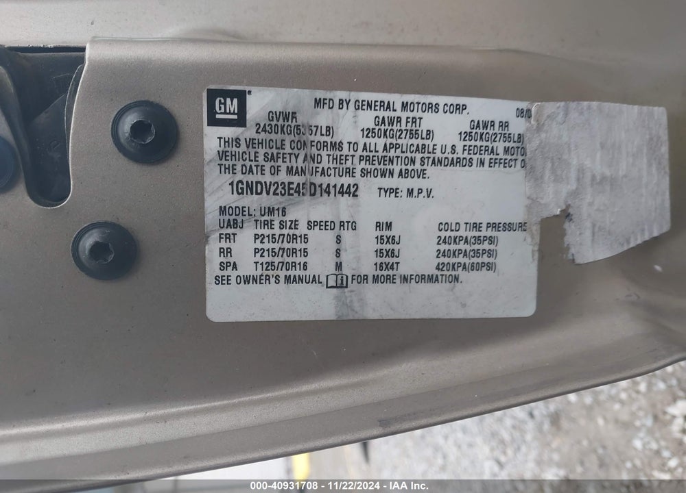 2005 CHEVROLET VENTURE LS VIN: 1GNDV23E45D141442