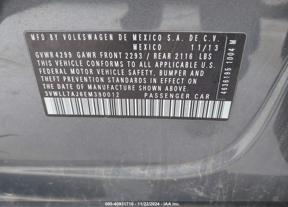 2014 VOLKSWAGEN JETTA 2.0L TDI VIN: 3VWLL7AJ6EM390012
