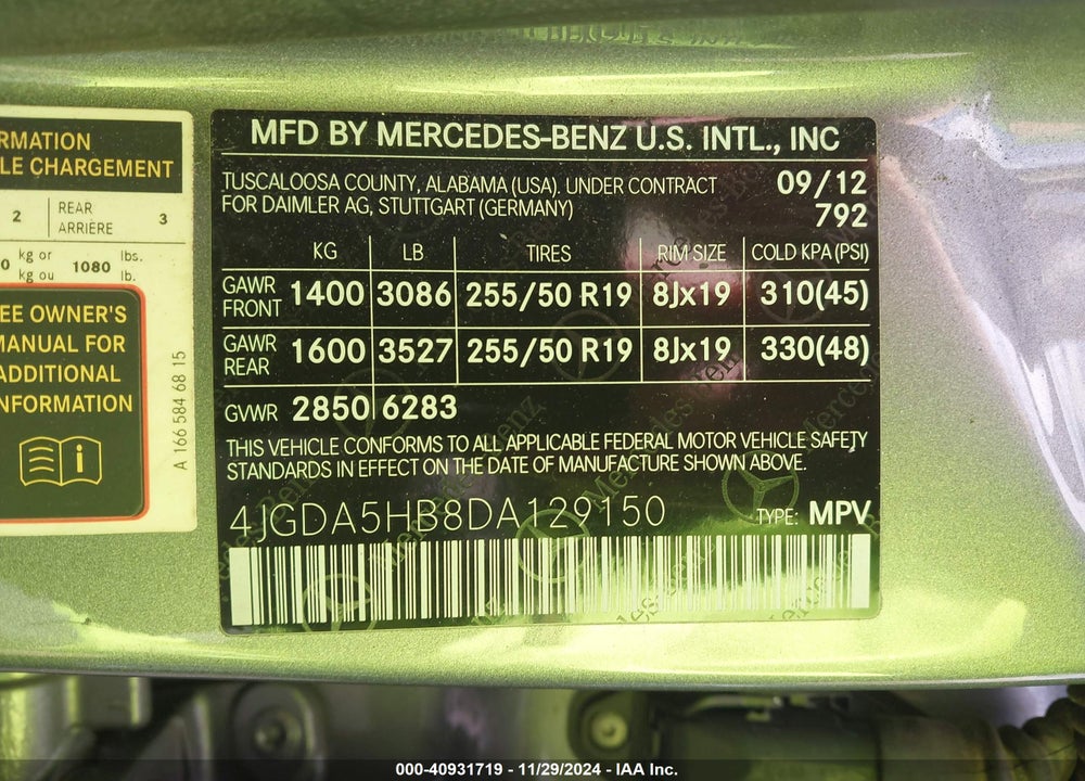 2013 MERCEDES-BENZ ML 350 4MATIC VIN: 4JGDA5HB8DA129150