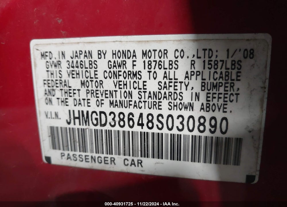 2008 HONDA FIT SPORT VIN: JHMGD38648S030890