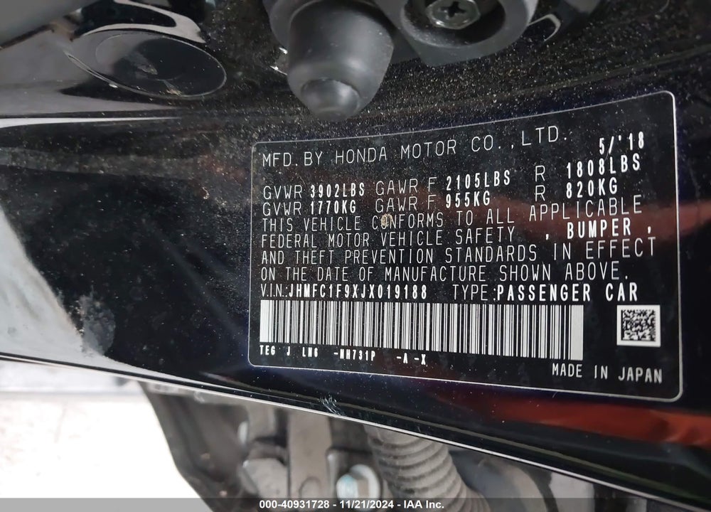2018 HONDA CIVIC TOURING VIN: JHMFC1F9XJX019188