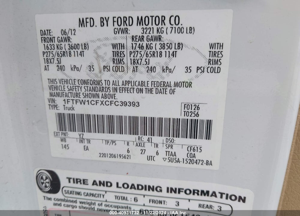 2012 FORD F-150 VIN: 1FTFW1CFXCFC39393