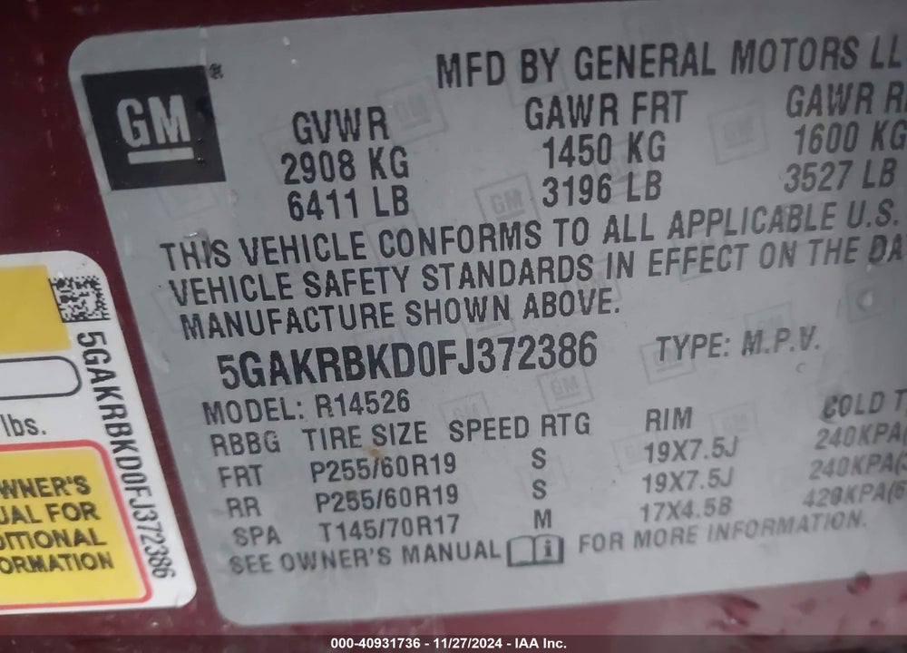 2015 BUICK ENCLAVE LEATHER VIN: 5GAKRBKD0FJ372386