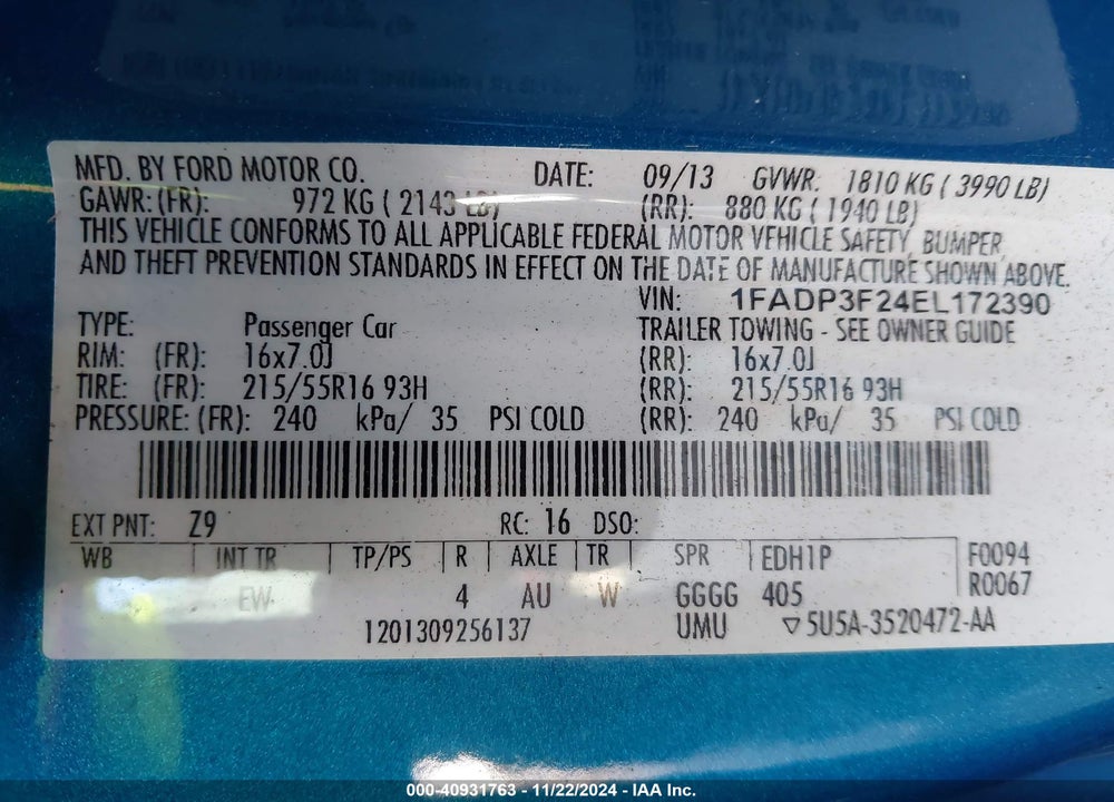 2014 FORD FOCUS VIN: 1FADP3F24EL172390