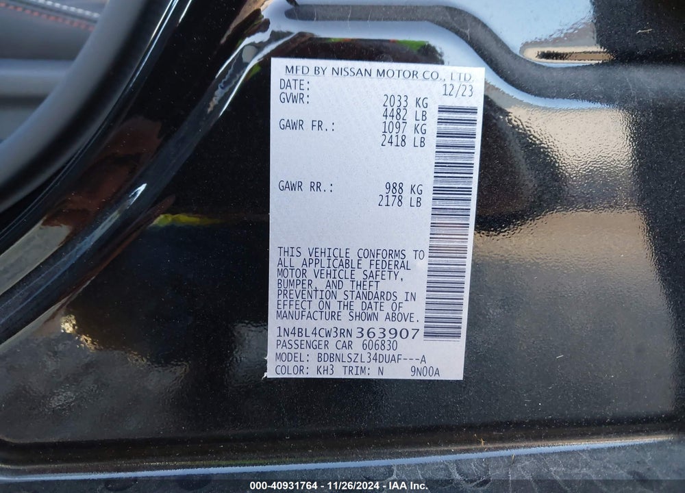 2024 NISSAN ALTIMA SR INTELLIGENT AWD VIN: 1N4BL4CW3RN363907