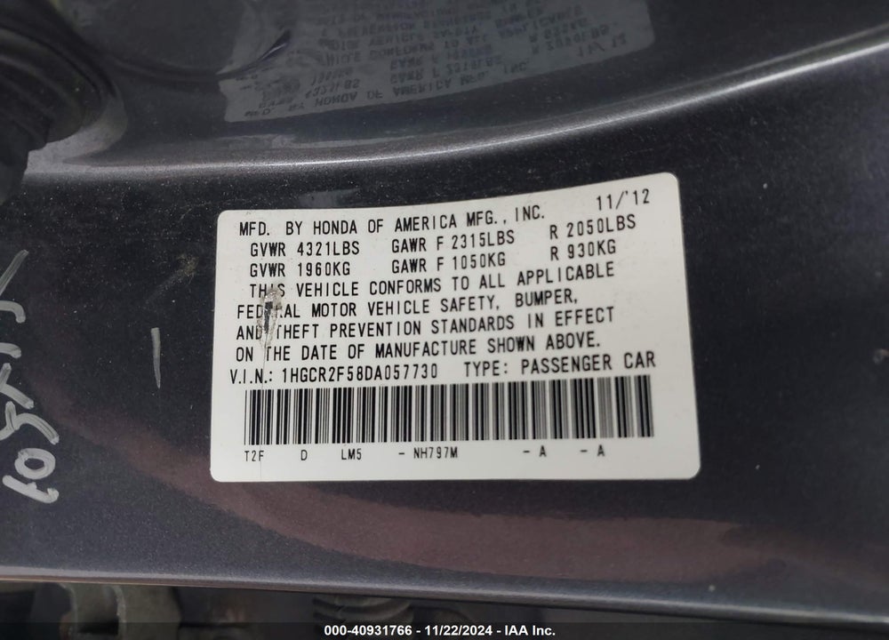 2013 HONDA ACCORD VIN: 1HGCR2F58DA057730