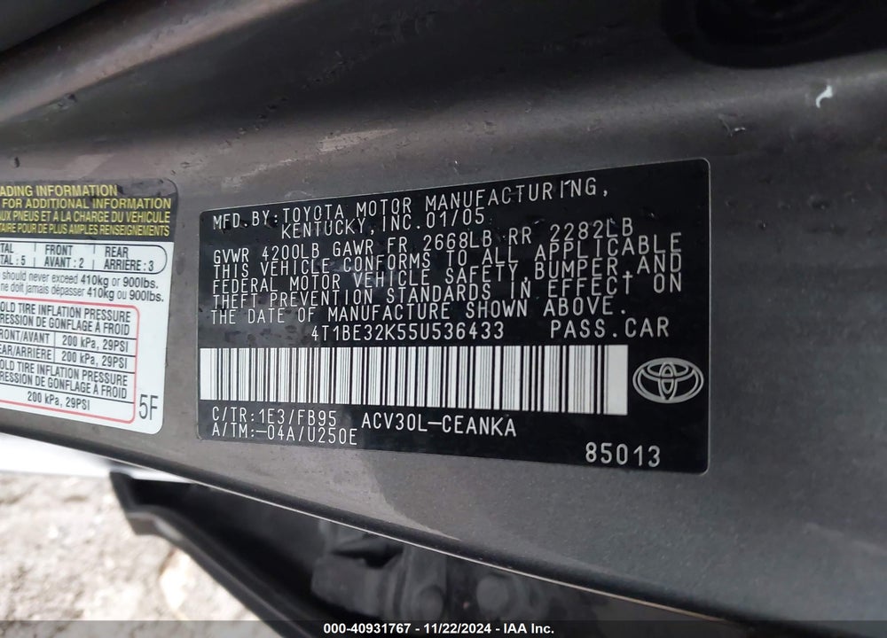 2005 TOYOTA CAMRY LE VIN: 4T1BE32K55U536433