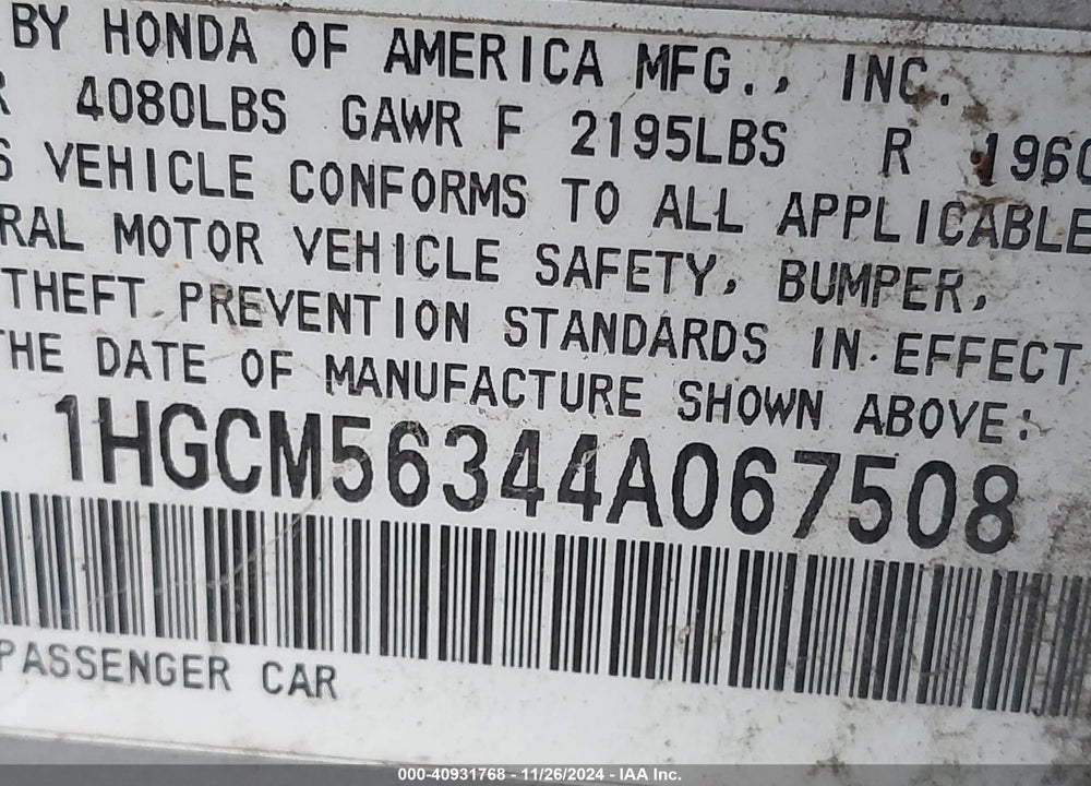 2004 HONDA ACCORD 2.4 LX VIN: 1HGCM56344A067508