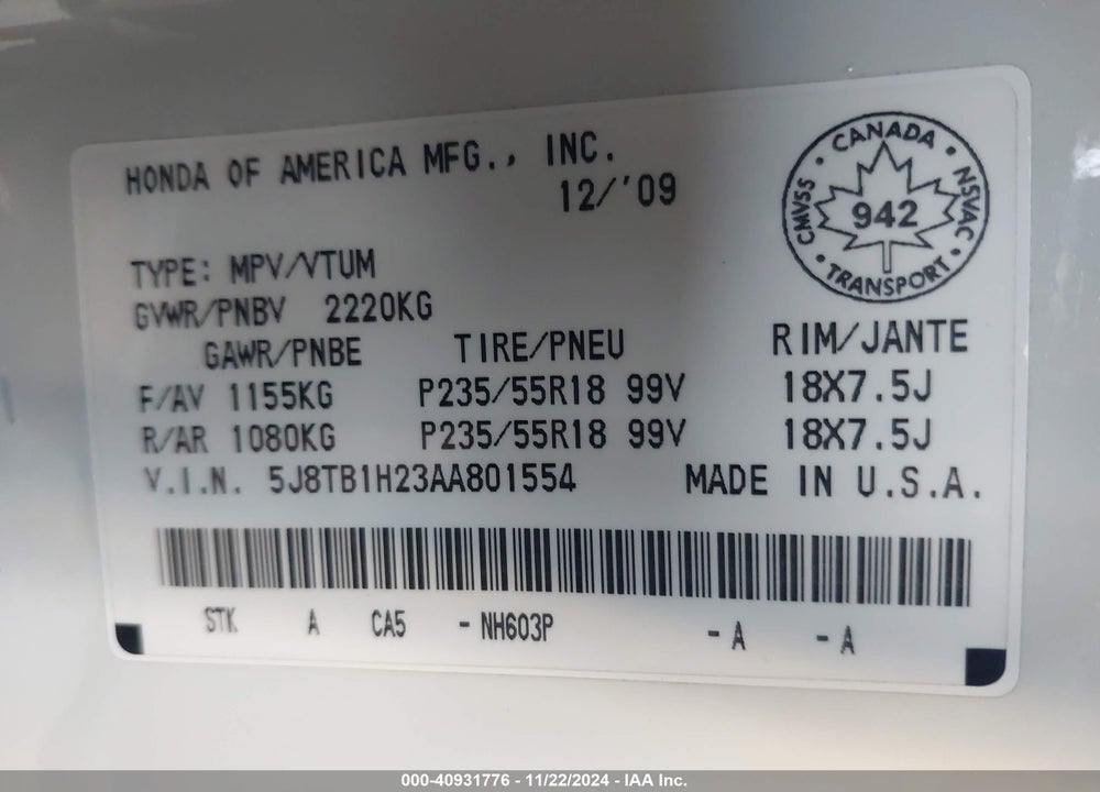 2010 ACURA RDX VIN: 5J8TB1H23AA801554