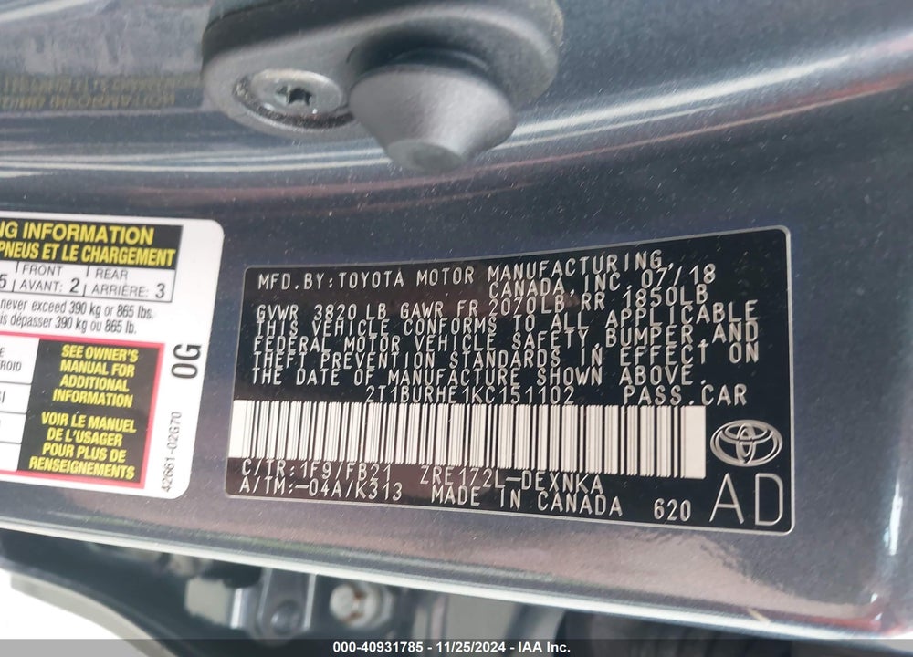 2019 TOYOTA COROLLA VIN: 2T1BURHE1KC151102