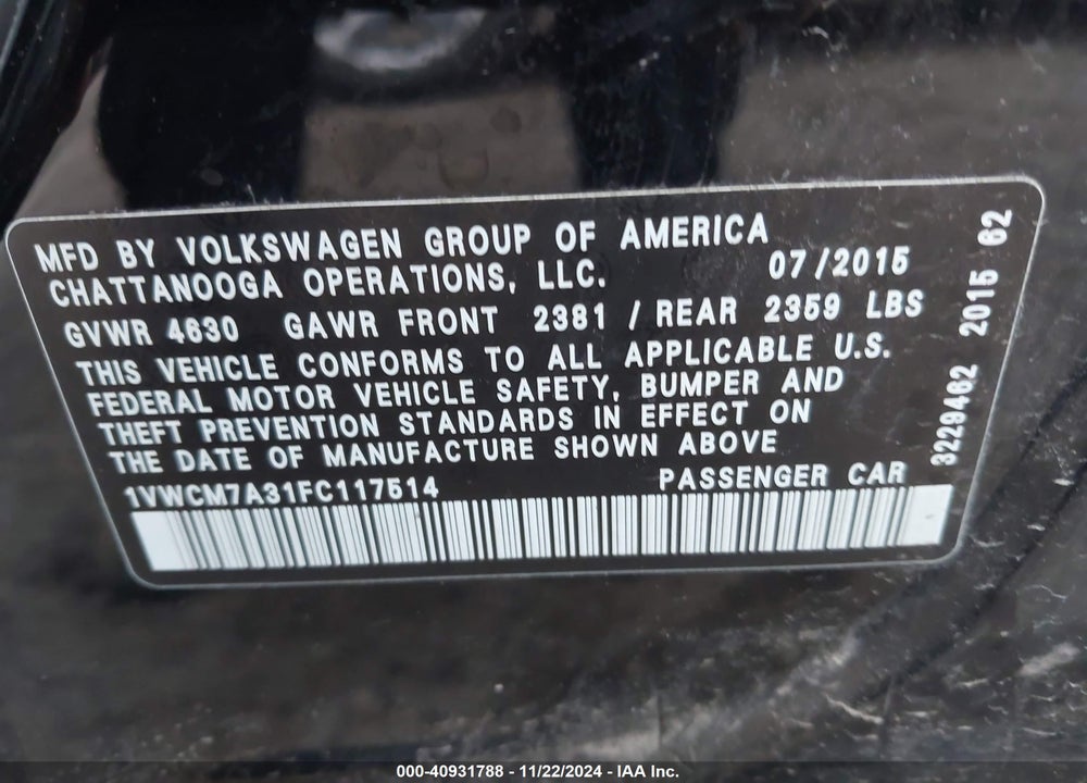 2015 VOLKSWAGEN PASSAT VIN: 1VWCM7A31FC117514