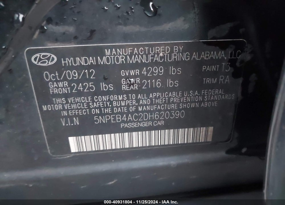 2013 HYUNDAI SONATA GLS VIN: 5NPEB4AC2DH620390
