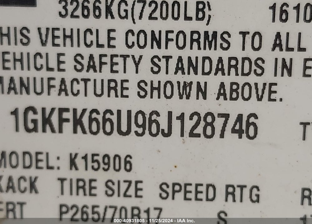 2006 GMC YUKON XL 1500 DENALI VIN: 1GKFK66U96J128746