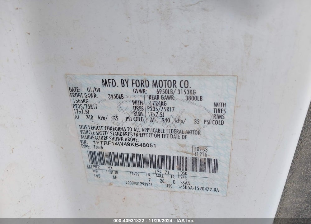 2009 FORD F-150 STX/XL/XLT VIN: 1FTRF14W49KB48051