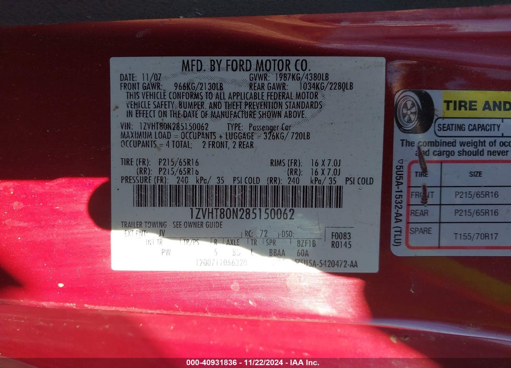 2008 FORD MUSTANG V6 DELUXE/V6 PREMIUM VIN: 1ZVHT80N285150062