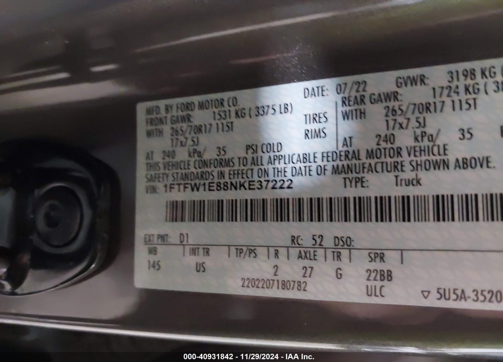 2022 FORD F-150 XLT VIN: 1FTFW1E88NKE37222