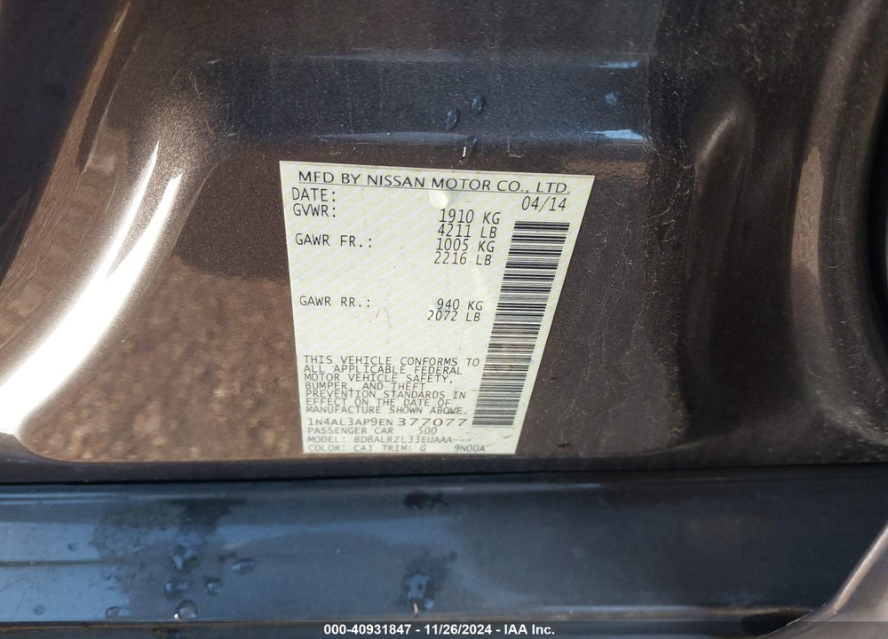2014 NISSAN ALTIMA 2.5/2.5 S/2.5 SL/2.5 SV VIN: 1N4AL3AP9EN377077
