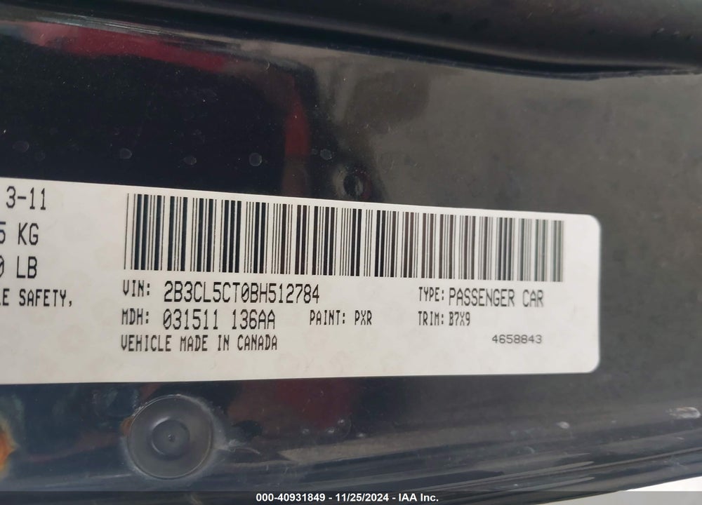 2011 DODGE CHARGER VIN: 2B3CL5CT0BH512784