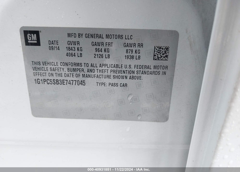 2014 CHEVROLET CRUZE 1LT AUTO VIN: 1G1PC5SB3E7477045