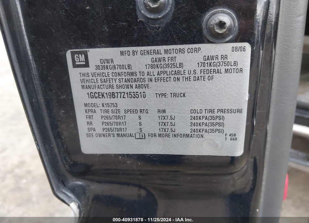 2007 CHEVROLET SILVERADO 1500 CLASSIC LT1 VIN: 1GCEK19B77Z153510