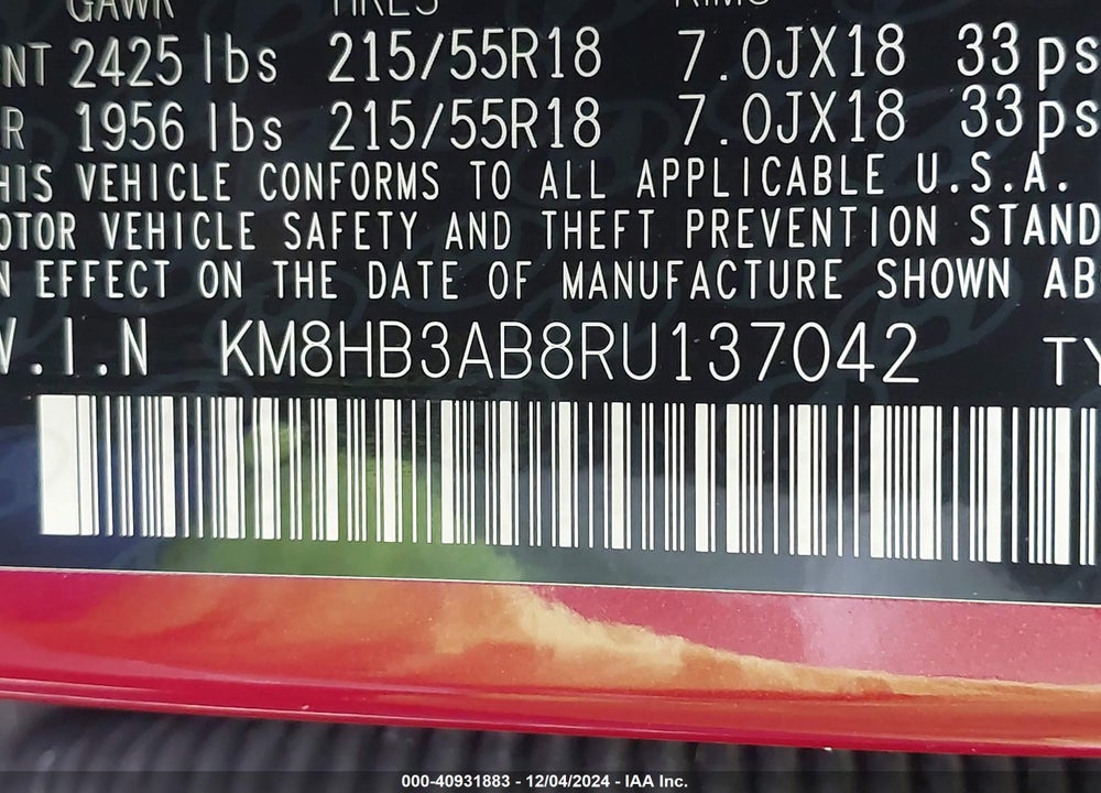 2024 HYUNDAI KONA SEL VIN: KM8HB3AB8RU137042