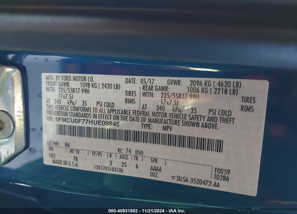 2017 FORD ESCAPE S VIN: 1FMCU0F77HUE09845
