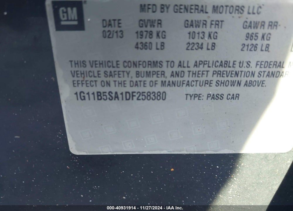 2013 CHEVROLET MALIBU 1LS VIN: 1G11B5SA1DF258380