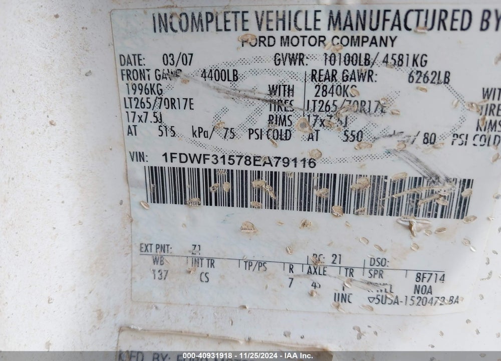 2008 FORD F-350 XL/XLT VIN: 1FDWF31578EA79116