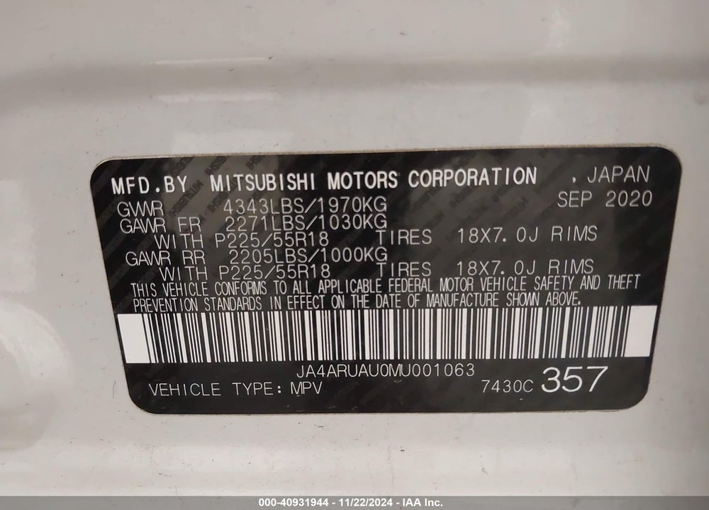 2021 MITSUBISHI OUTLANDER SPORT 2.0 ES VIN: JA4ARUAU0MU001063