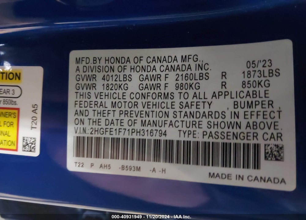 2023 HONDA CIVIC EX /EX W/O BSI VIN: 2HGFE1F71PH316794