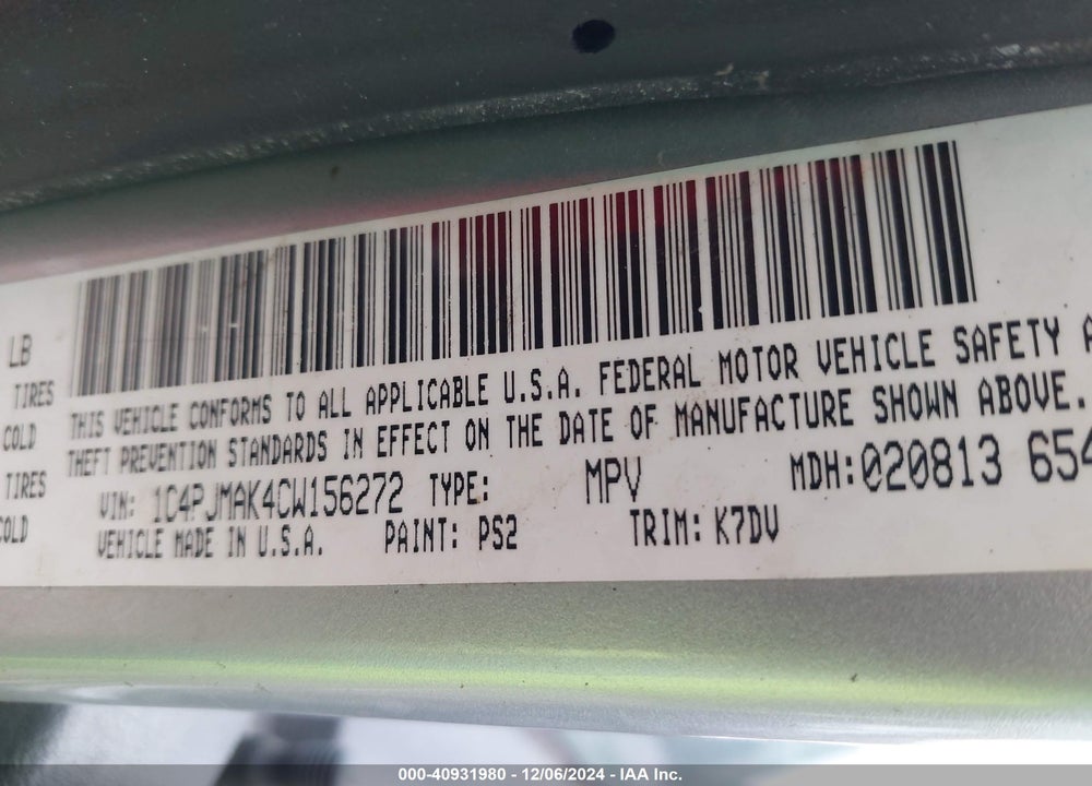 2012 JEEP LIBERTY SPORT VIN: 1C4PJMAK4CW156272