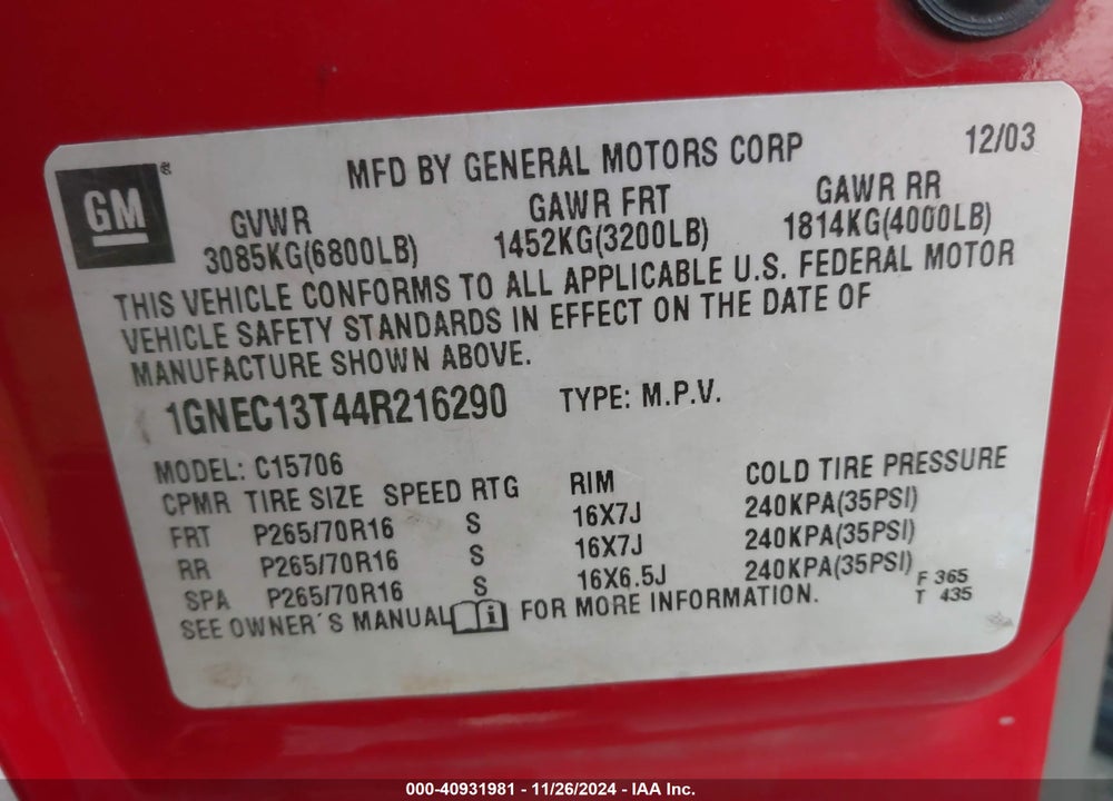 2004 CHEVROLET TAHOE LS VIN: 1GNEC13T44R216290