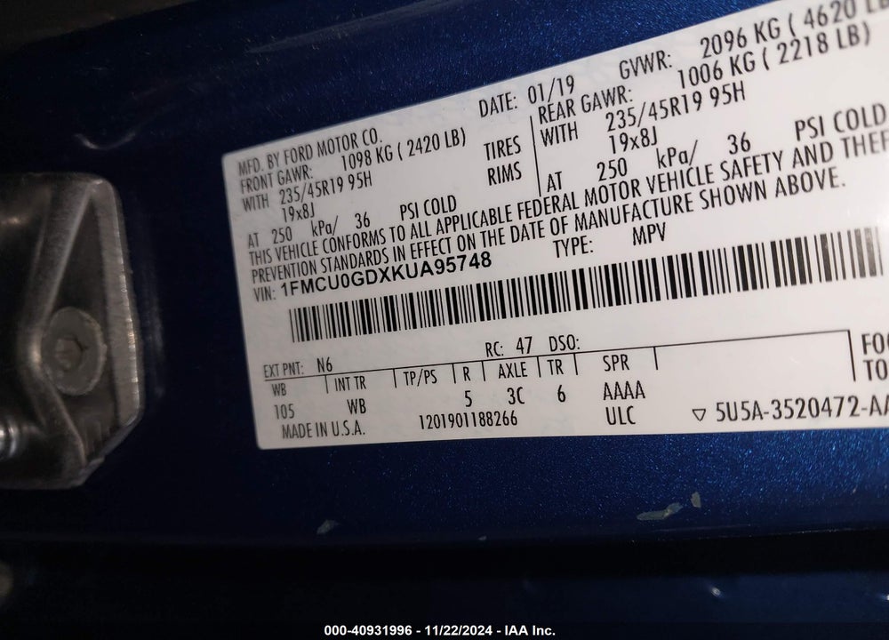 2019 FORD ESCAPE SE VIN: 1FMCU0GDXKUA95748