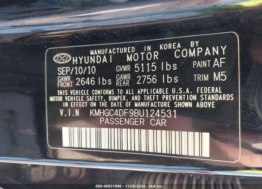 2011 HYUNDAI GENESIS 4.6 VIN: KMHGC4DF9BU124531