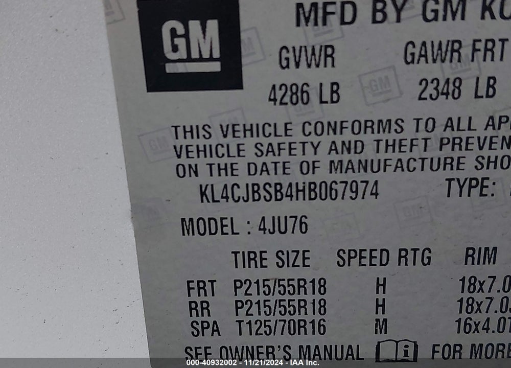 2017 BUICK ENCORE PREFERRED II VIN: KL4CJBSB4HB067974