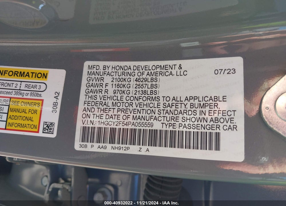 2023 HONDA ACCORD HYBRID SPORT VIN: 1HGCY2F54PA055559