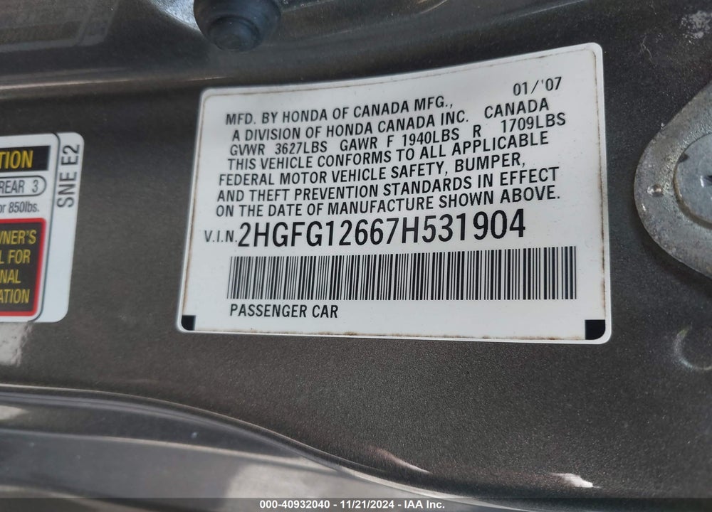 2007 HONDA CIVIC LX VIN: 2HGFG12667H531904