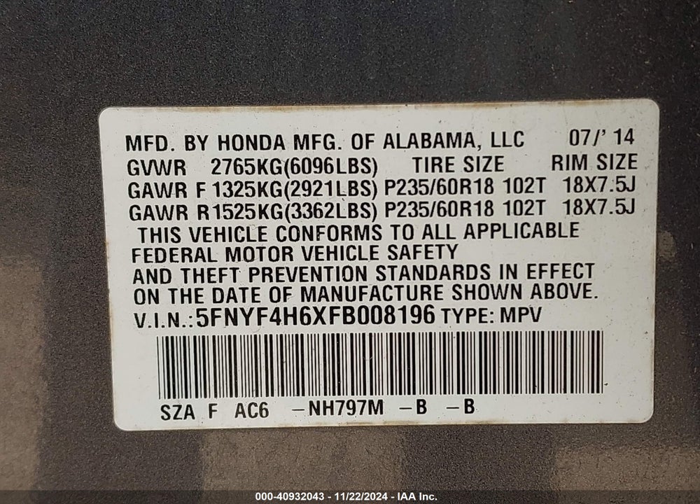 2015 HONDA PILOT EX-L VIN: 5FNYF4H6XFB008196