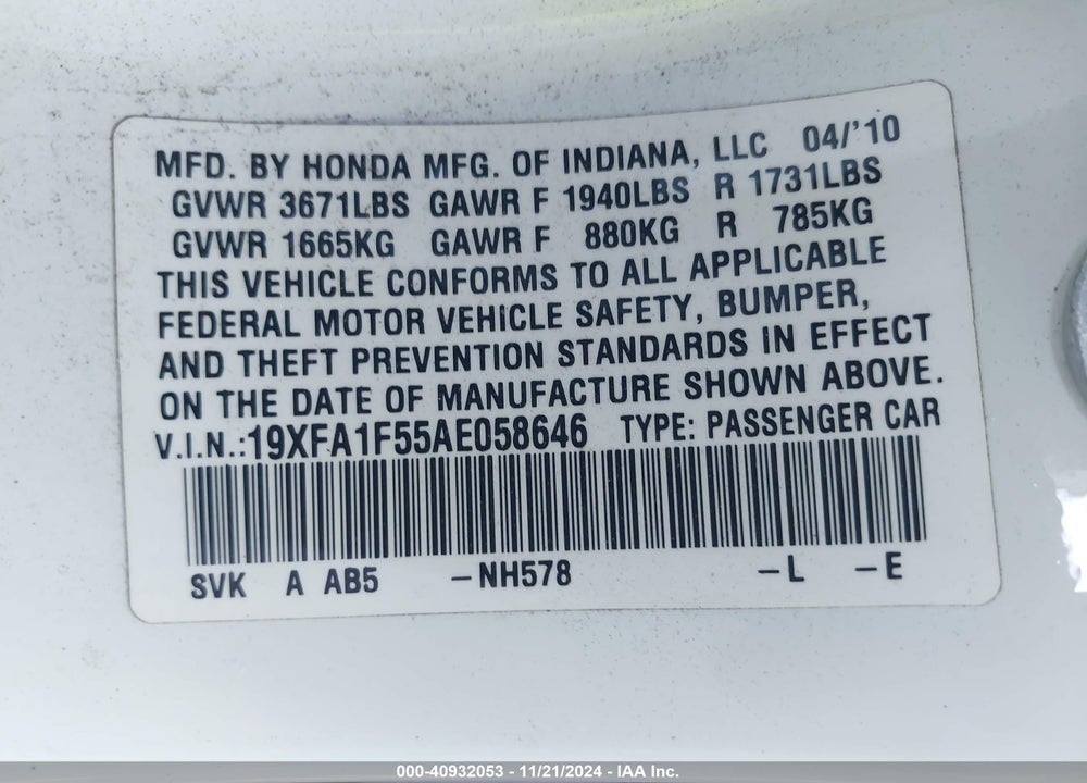 2010 HONDA CIVIC LX VIN: 19XFA1F55AE058646