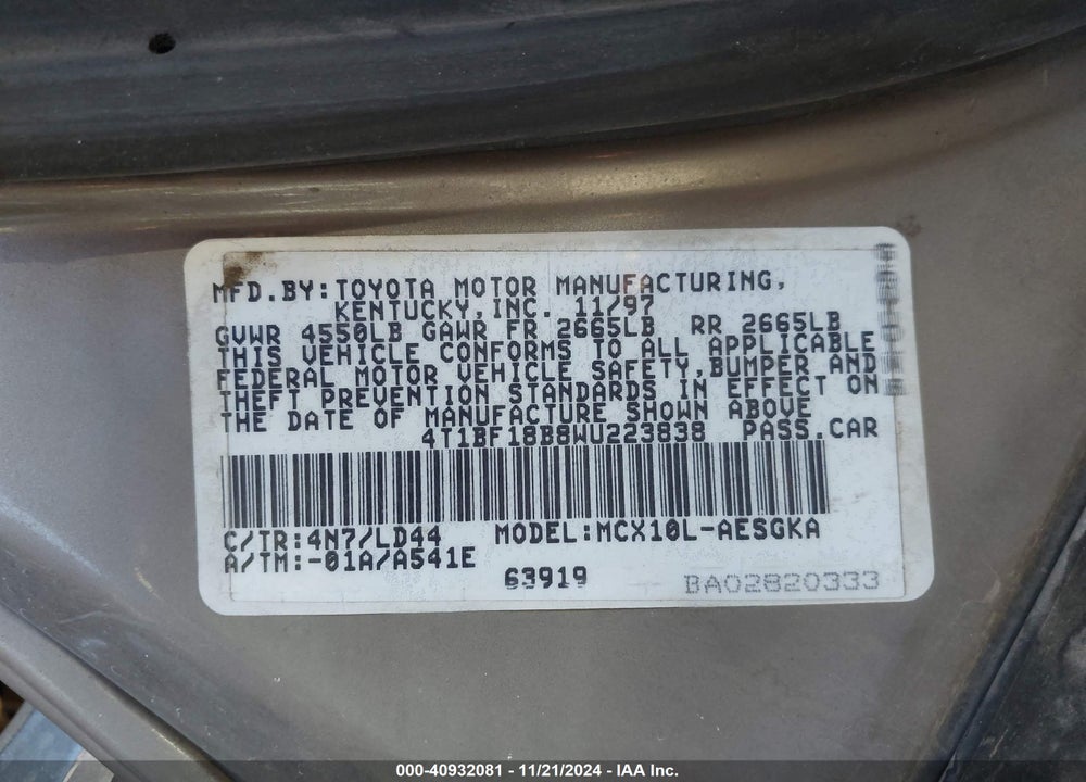 1998 TOYOTA AVALON XLS VIN: 4T1BF18B8WU223838