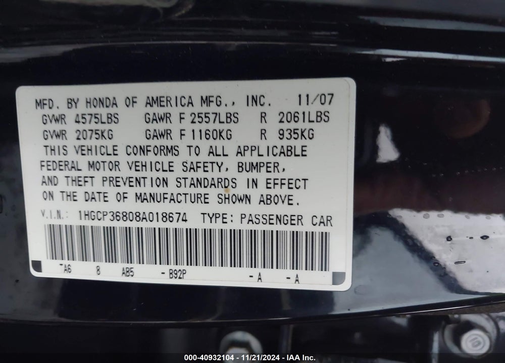 2008 HONDA ACCORD VIN: 1HGCP36808A018674
