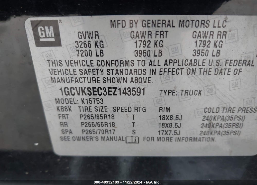 2014 CHEVROLET SILVERADO 1500 VIN: 1GCVKSEC3EZ143591