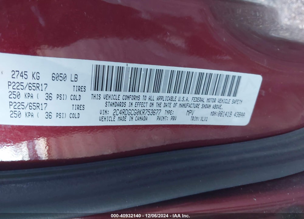 2019 DODGE GRAND CARAVAN SXT VIN: 2C4RDGCG0KR753677