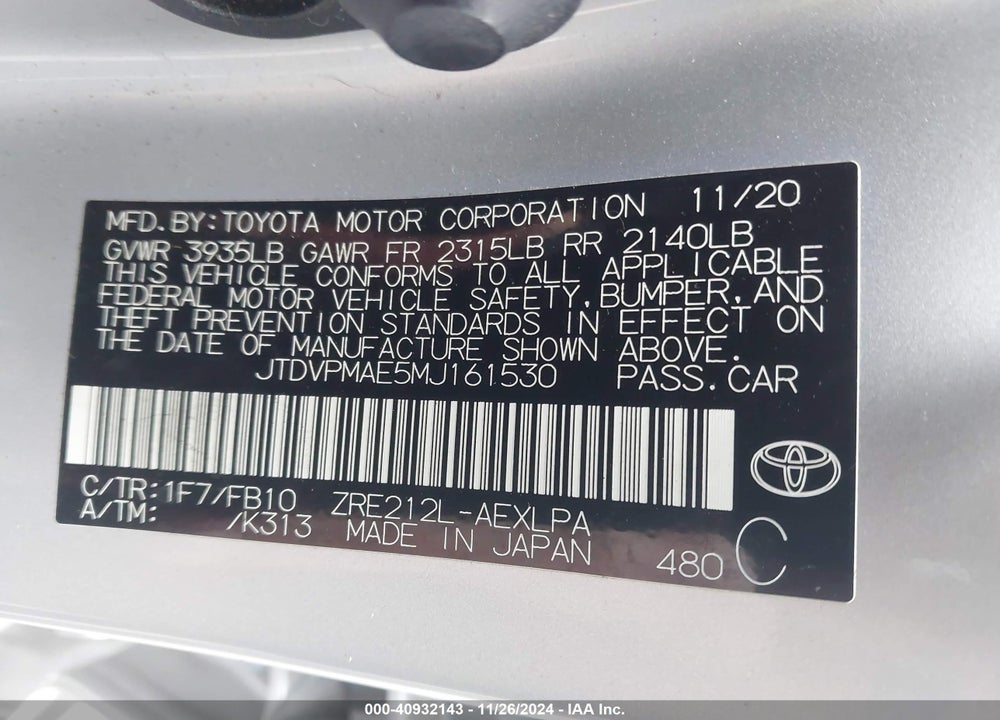 2021 TOYOTA COROLLA VIN: JTDVPMAE5MJ161530