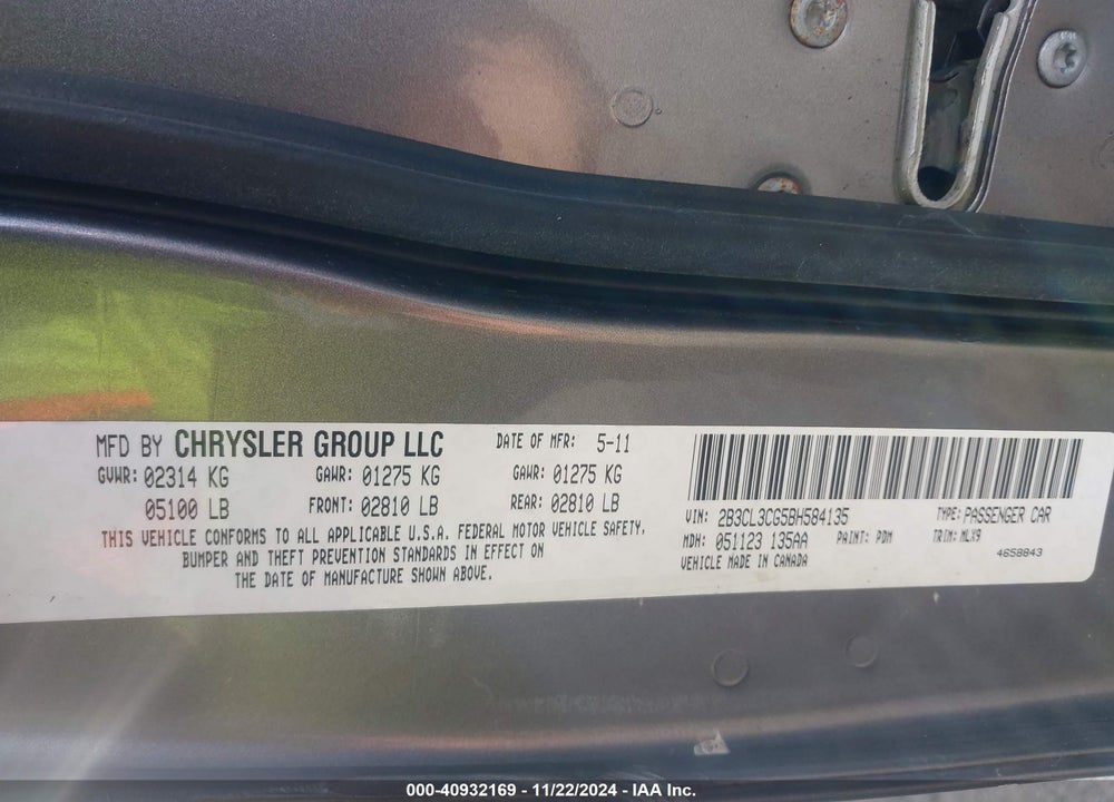 2011 DODGE CHARGER VIN: 2B3CL3CG5BH584135