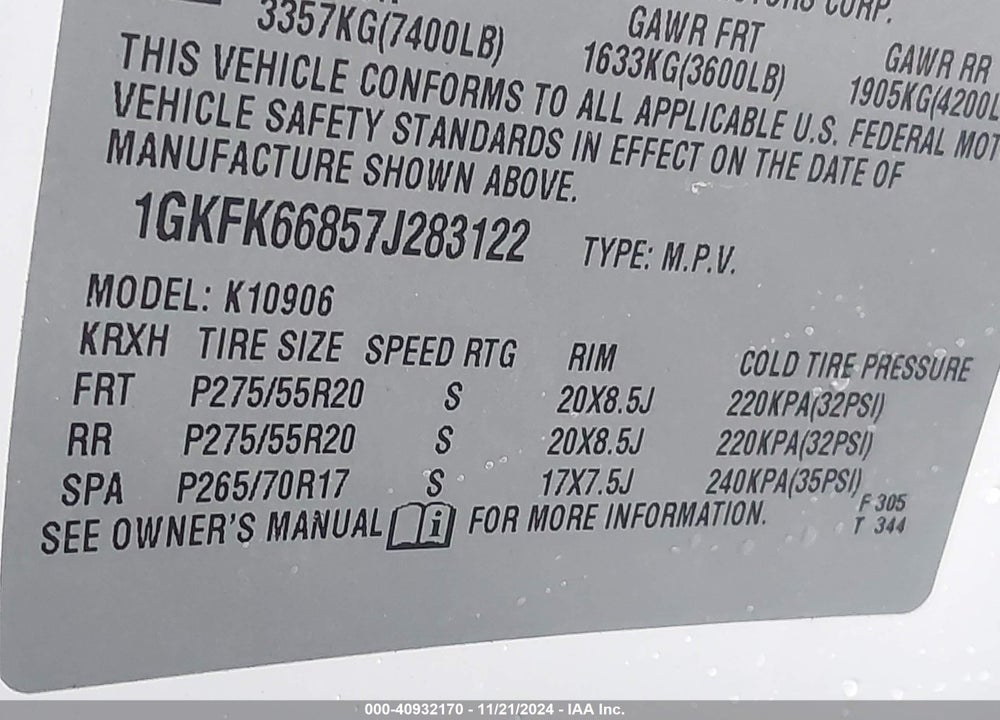 2007 GMC YUKON XL 1500 DENALI VIN: 1GKFK66857J283122