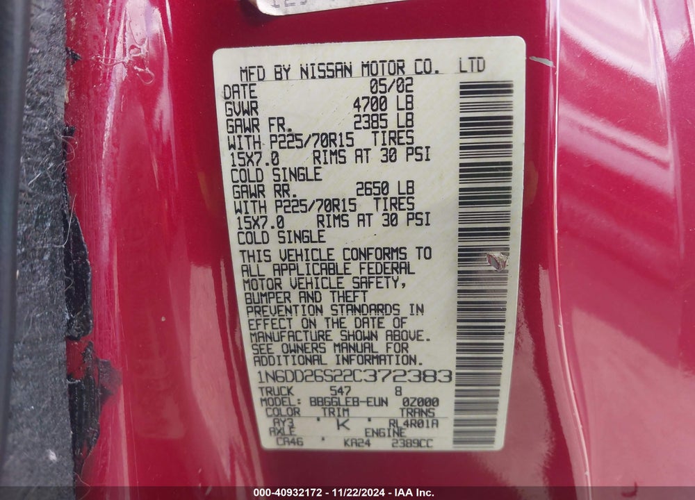 2002 NISSAN FRONTIER XE VIN: 1N6DD26S22C372383
