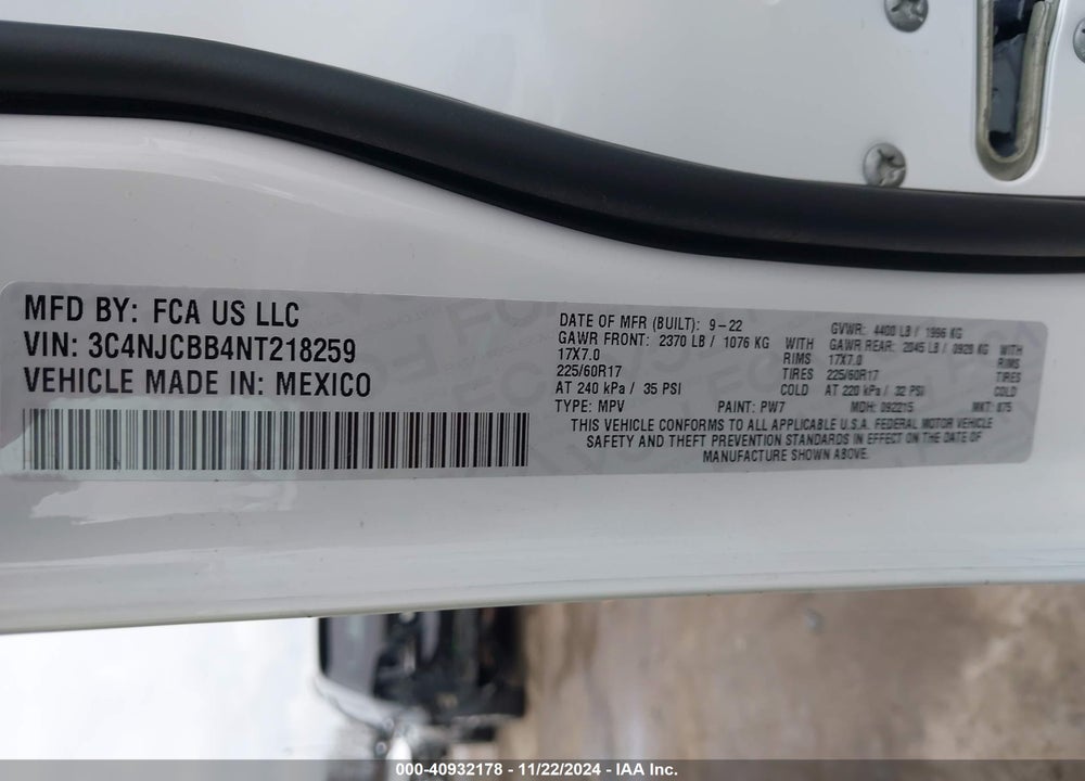2022 JEEP COMPASS LATITUDE FWD VIN: 3C4NJCBB4NT218259